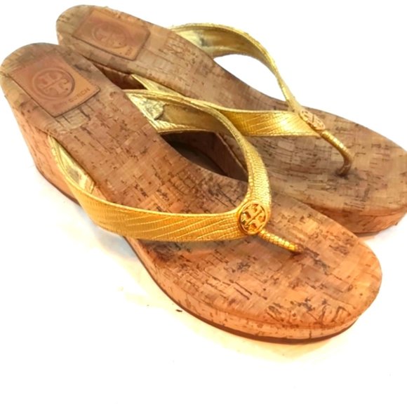 TORY BURCH | Women's Thora Cork Wedge Sandals Gold Size 10 - Picture 1 of 9